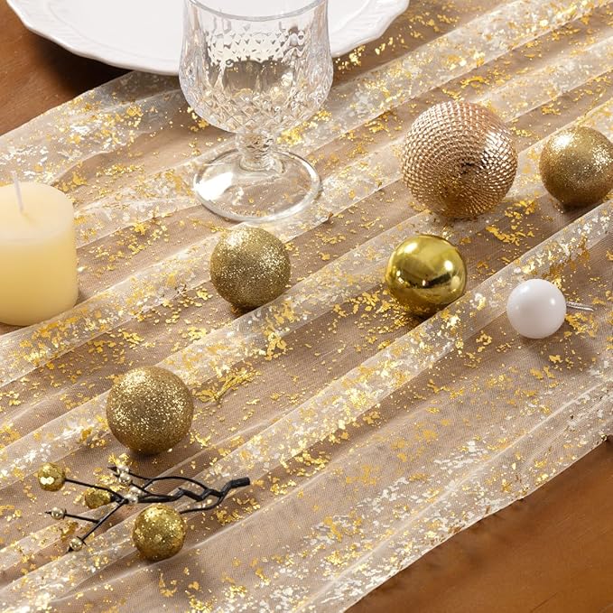 Socomi Gold Table Runner Gauze Tulle Sheer Glitter Metallic Foil Chiffon Cheesecloth Sequin 10FT Wedding Birthday Party Dining Anniversary Holiday Centerpiece Table Decor Beige 3pcs