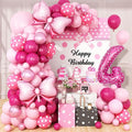 Pink 4th Birthday Balloons Decorations, Hot Pink Rose Polka Dots Balloon Arch Kit, Huge Bow Foil Balloons, pink Number 4 Balloon Tower for Baby Shower Girls Princess 4th Theme Party