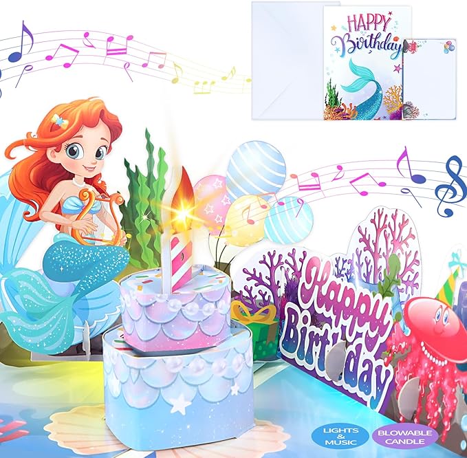 FaCraft Mermaid Birthday Card - 3D Musical Birthday Card for Kids Daughter & Girls - Blowable Candle with Cheering Sound - 8x6 Handmade Pop Up Kids Birthday Card with Envelope & Seal