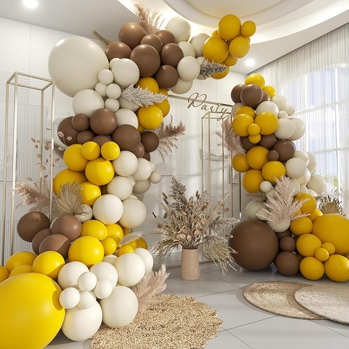 Yellow Brown White Balloon Garland Arch Kit, 160Pcs Latex Balloons Different Size 18 12 10 5 inch for Birthday Bridal Baby Shower Gender Reveal Wedding Retirement Party Decorations