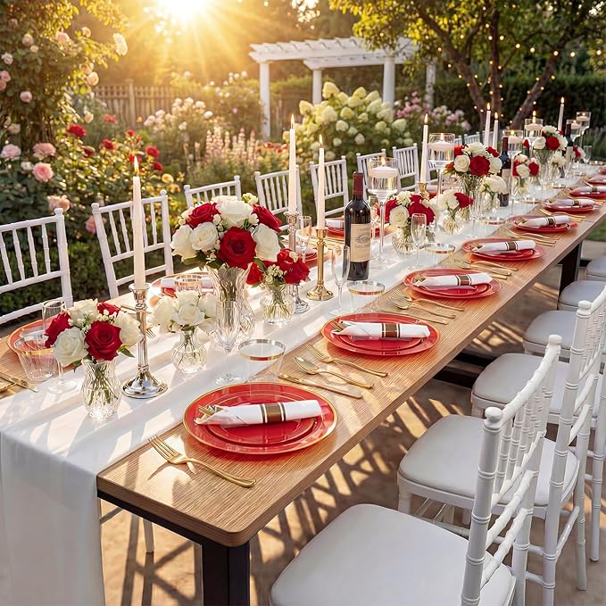 350Pieces Red Plastic Plates with Gold Rim Include 50Dinner Plate 10inch 50Dessert Plate 7inch 50 gold Cups 9 OZ, 50 Pre Rolled Napkins for Party Baby Shower Wedding Spring