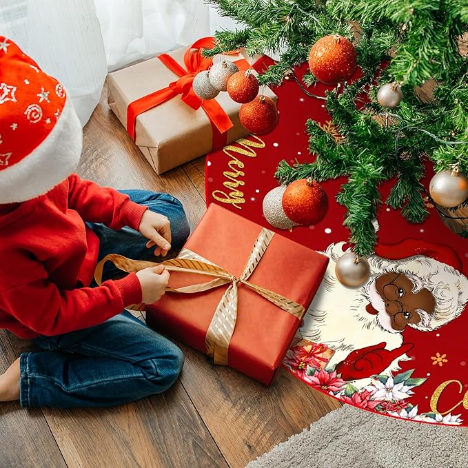 48 Inch Christmas Tree Skirt Double Layer Large Snowflake Xmas Tree Mat Decor for Winter Holiday Party Indoor Outdoor Christmas Decorations(Red,Santa Claus)