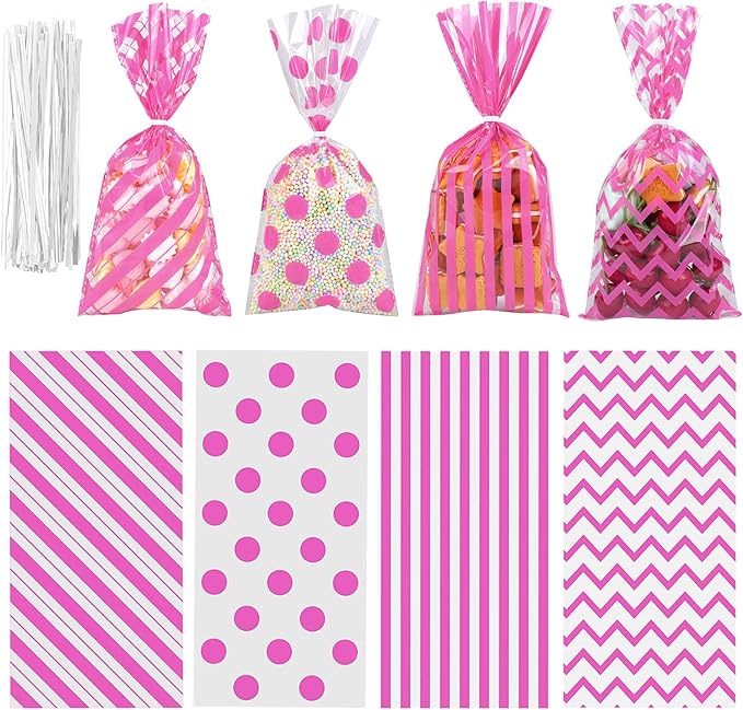 Aneco 100 Pack Pink Cellophane Bags 10.6 x 5.1 Inch Plastic Candy Bags Gift Bags Goodie Bags with Twist Ties for Valentine, Birthday, Gift Cookie Snack Packing Party Favor Supplies