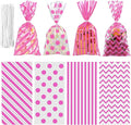 Aneco 100 Pack Pink Cellophane Bags 10.6 x 5.1 Inch Plastic Candy Bags Gift Bags Goodie Bags with Twist Ties for Valentine, Birthday, Gift Cookie Snack Packing Party Favor Supplies