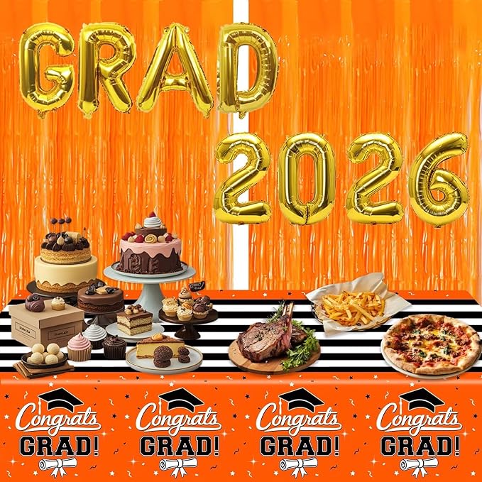 7-Pack Graduation Party Decorations Set, 3 Orange Graduation Tablecloths 54x108in, 2026 and Grad Balloons, 2 Foil Fringe Curtains for High School College Graduation Party Photo Booth