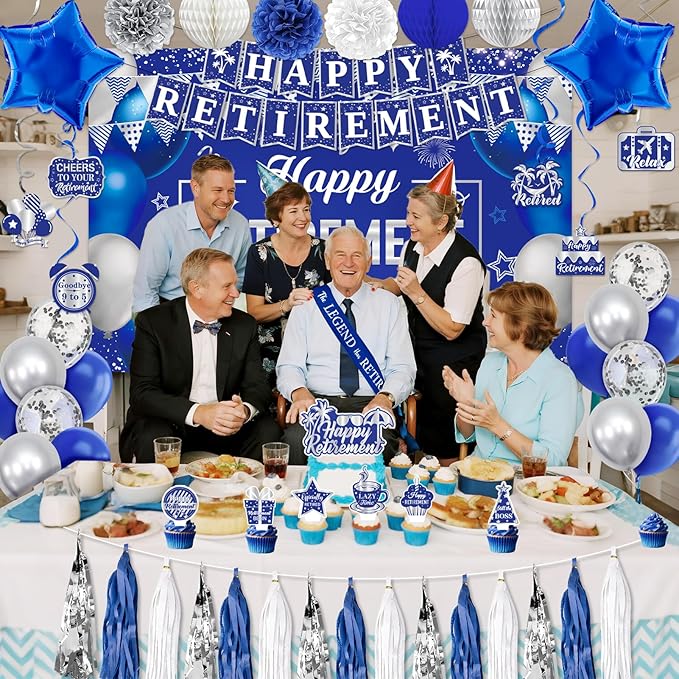Retirement Party Decorations, Blue Silver Retirement Decorations for Men Women Including Tassel Garland Banner HAPPY RETIREMENT Banner Backdrop Sash Hanging Swirl Balloons Honeycomb Ball Cake Toppers
