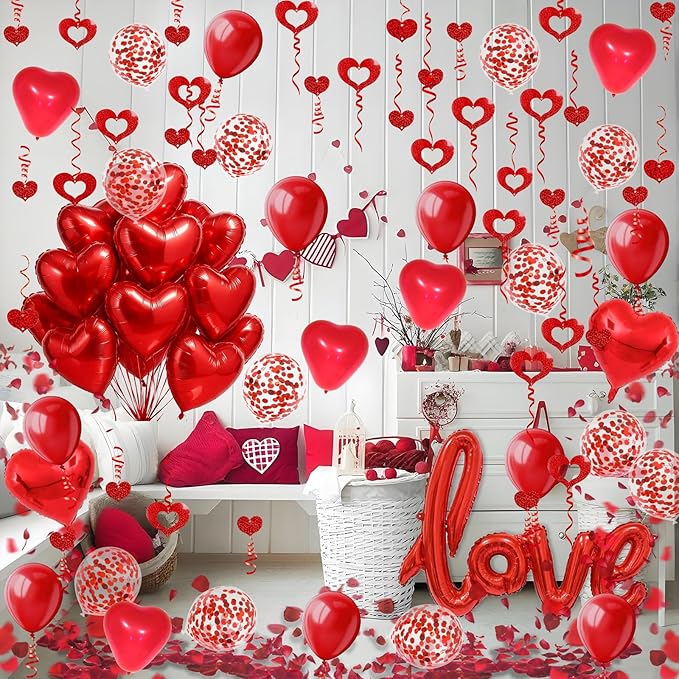 Fecedy Love and Heart-Shaped Aluminum Foil Balloon,Heart-Shaped and Round Latex balloons,Confetti Balloon,Fake Petals,Hanging Streamers for Valentines Bridal Shower Anniversary Engagement Decorations