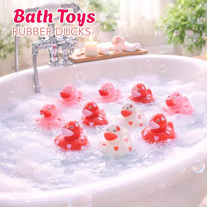 4E's Novelty 24 Pack Valentines Day Rubber Ducks - Bulk 2" Heart Themed Duckies for Jeep Ducking, Classroom Exchange Gifts for Kids School, Prizes, Giveaways, Party Favor Handouts