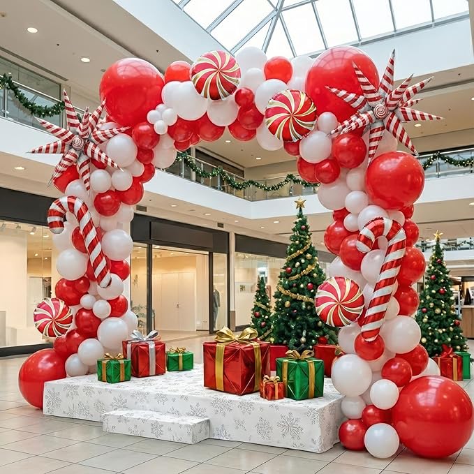 Christmas Party Decorations with Red and White Balloon Arch Kit & Star Candy Canes Lollipops Gift Boxe Foil Balloons for xmas Friendsmas New Year's Eve Party Decorations