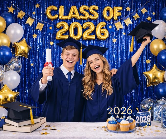 Melsan Graduation Decorations 2026, Tinsel Curtain Backdrop for Graduation Party - Royal Blue Sparkle Foil Fringe Curtains for Class of 2026 Photo Booth, 4th of July Patriotic Decor, 2 Pack 3.2x8.2 Ft