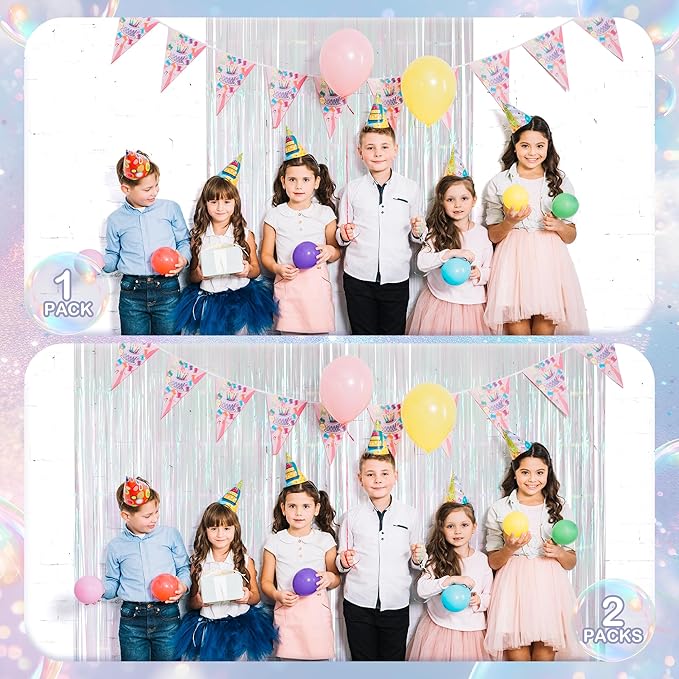 2 Pack White Iridescent Streamers Backdrop, 3.3x6.6ft Foil Fringe Curtains Silver Holographic Door Tinsel Streamers for Birthday, Wedding, Holiday, Bachelorette, Theme Party Decorations