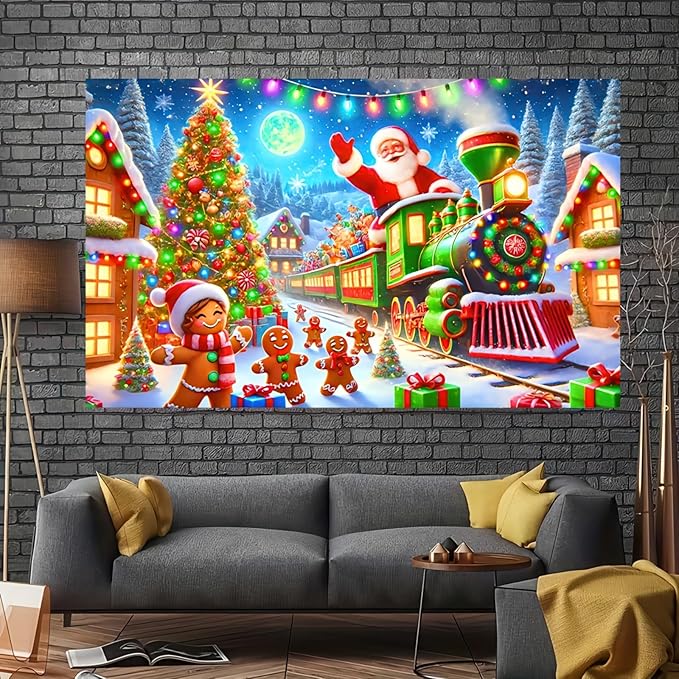 Santa Claus Train Backdrop 71x43 Inches Gingerbread Christmas Scene Banner Holiday Party Photo Background Indoor Outdoor Merry Christmas Wall Decoration for Photography
