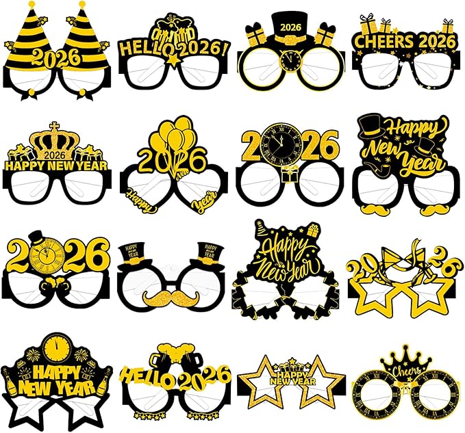 16PCS Happy New Year Glasses, New Year Paper Eyeglasses Photo Booth Props for 2026 New Year's Eve Party Supplies Decorations