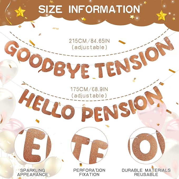 Retirement Banner Pre-Strung GOODBYE TENSION HELLO PENSION Banner Glitter Retirement Party Supplies Decorations for Women Men Office Home Decor (Brown)