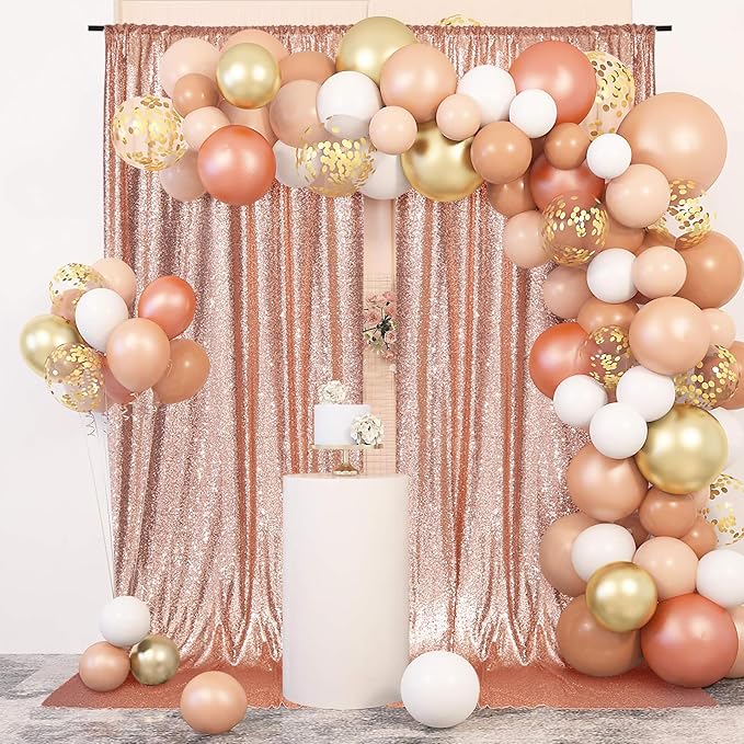 PartyDelight Rose Gold Sequin Backdrop 5x10ft 2 Panels - High Density 3mm Shimmer Sequin Background with 4-Inch Rod Pocket, Sparkly Photography Curtain for Wedding, Gala, Stage & Event Decoration