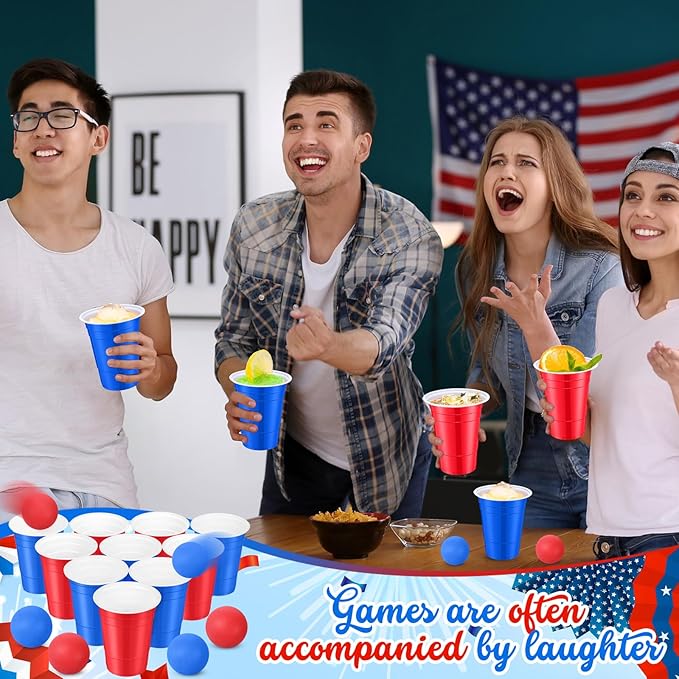 32 Pieces Veterans Day Party Supplies 24 Pcs Red Blue 16 oz Plastic Cup and 8 Pcs Ball Set for Party Game Independence Day Decorations