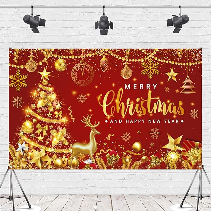 Red Gold Christmas Backdrop - Merry Christmas Banner for Xmas New Years Eve Party Decorations, 71x43inch