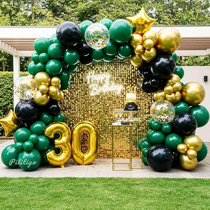 Double Stuffed Dark Green Black Gold Balloon Arch Kit - 104Pcs Emerald Green Balloon Garland with Gold Star Foil Balloons for Graduation 2026, Birthday, Wedding, Baby Shower, Jungle Party Decorations