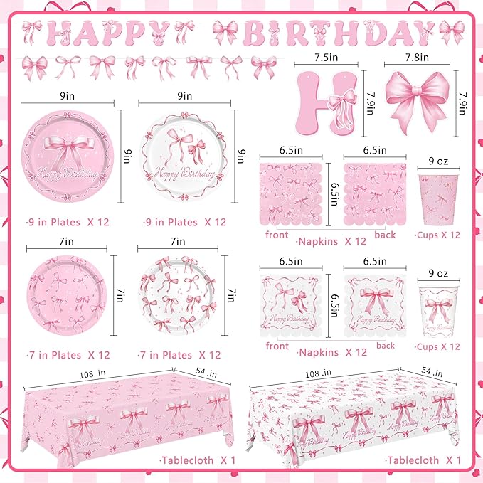 Pink Bow Happy Birthday Decorations Set for 24: Bachelorette Party Supplies Kit with Dinner & Dessert Plates, Napkins, Cups, Banner, Tablecloth - for Women's Tea Birthday Party Decorations