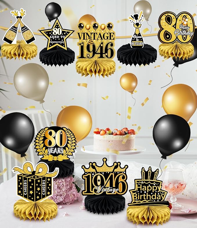 9 Pcs 80th Birthday Decoration for Men Women Happy 80th Birthday Honeycomb Centerpieces 80th Birthday Table Party Decorations Black and Gold Cheers to 80 Years Decor 1946 Birthday Party Favors