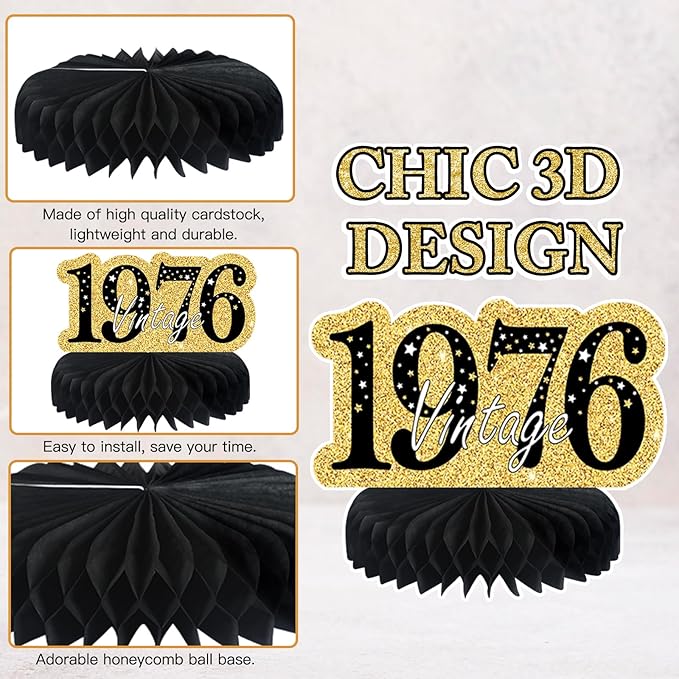 9 Pcs 50th Birthday Decorations Honeycomb Centerpieces for Women Men, Black Gold 1976 Aged to Perfection Vintage Centerpieces for Tables Toppers,Fifty Years Party Decorations Supplies