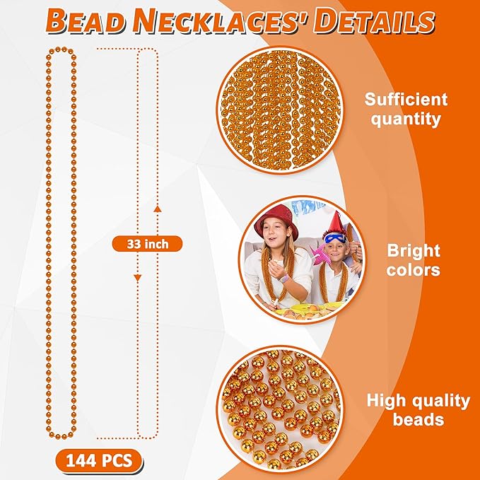 120PCS Bead Necklace, Orange Bead Necklaces Party Favors, 33" Round Beads Halloween Necklaces Bulk, Festival Parade Throw Accessories for Mardi Gras Halloween Wedding Celebrations Decorations
