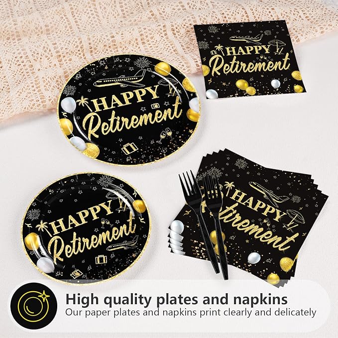 Grencian 96Pcs Happy Retirement Party Supplies Black Gold Plates and Napkins Retirement Tableware Sets Disposable Decoration for Men Birthday Farewell Graduations Going Away Party Serve 24