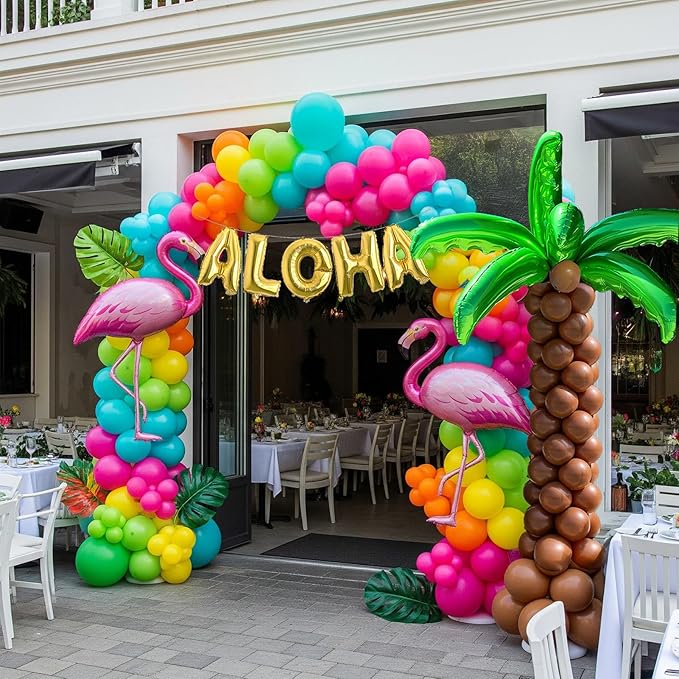Tropical luau Balloon Garland Arch Kit Party Decoration with Flamingo Aloha Letter Coconut Tree foil balloons for Summer Hawaiian tiki luau Beach Theme Birthday Party Decorations (Pink Green Yellow)