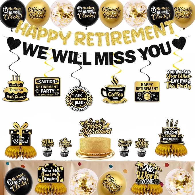 Retirement Party Decorations Men Women, Black Gold Happy Retirement Decorations, Pre-Strung Happy Retlrement & We Will Miss You Banner, Balloons, Hanging Swirl, Cake Topper, Retired Sash Honeycomb Set