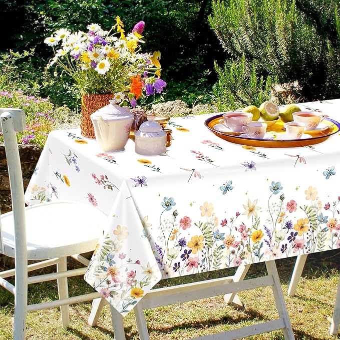 3 Pieces Wildflower Tablecloths Spring Floral Baby Shower Birthday Tablecover Plastic Disposable Rectangle Table Covers for Spring Summer Picnic Wedding Tea Party