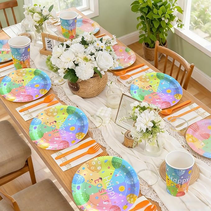 Easter Party Supplies Set - Disposable Easter Plates and Napkins Kit for 10 Guests, Includes Dinner & Dessert Plates, Cups, Cutlery, Napkins, Banner, Tablecloth for Easter Dinner, Spring Party