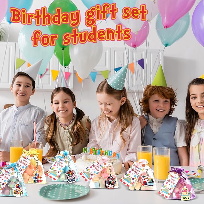 24 Set Happy Birthday Goodie Bags for Kids Happy Birthday Keychain Gifts with Organza Bags and Card for Students Key Chain Classroom Reward Gift Party Goodie Bag Stuffers Gift
