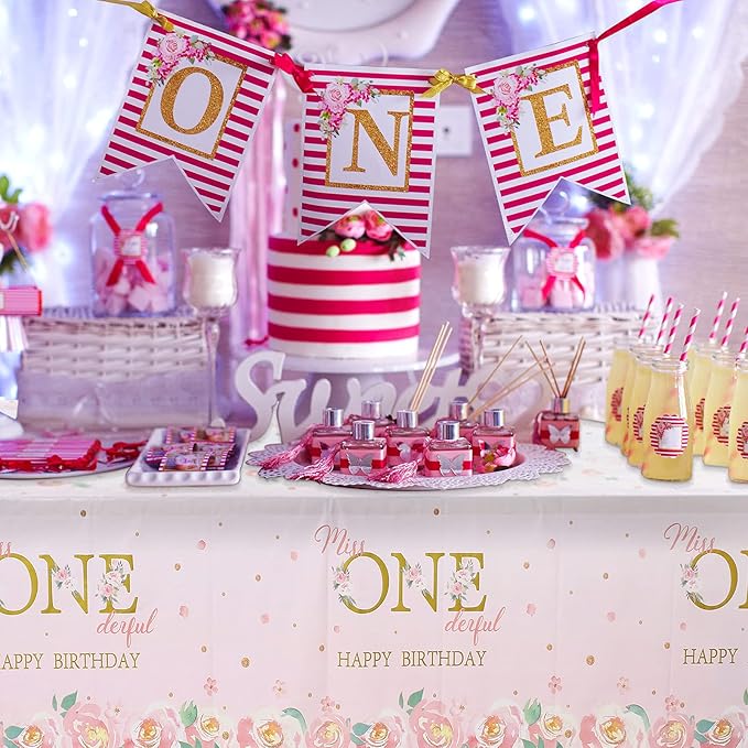 Tatuo 3 Pieces 1st Birthday Party Tablecloth Flower One First Birthday Table Cover Disposable Floral Miss Onederful Plastic Tablecloth for Kids Baby Shower Party Decoration Supplies, 54 x 108 Inch