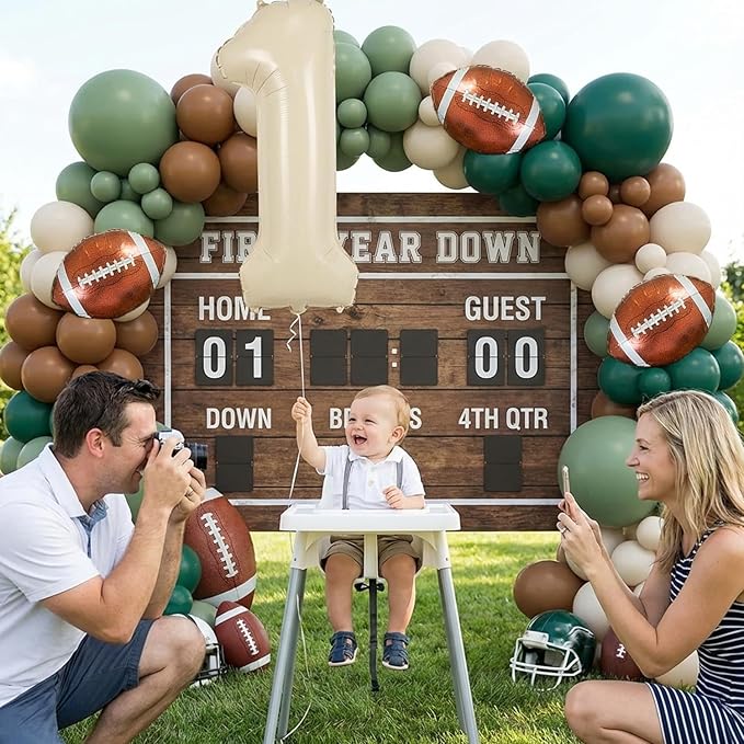 First Year Down Football Balloon Arch Kit – 1st Birthday Football Decorations with Number 1 Balloon, Football Foil Balloons & Green Brown Balloon Garland for Baby Boy Birthday Party (139PCS)