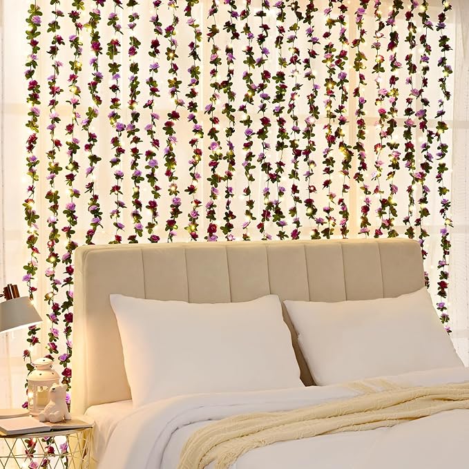 BLEUM CADE 12Pcs 98.4Ft Flower Garland Artificial Rose Vines with 98.4Ft String Lights, Cute Fake Hanging Flower Vines Floral Garland Decorations for Wedding Party Wall Room Decor Aesthetic