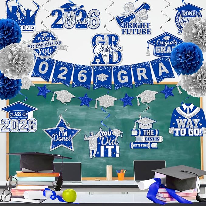Blue and Silver Graduation Decorations, 2026 Grad Banner and Congrats Grad Hanging Swirls, Blue Graduation Banner Graduations Hanging Swirls College Graduations Party Decorations Class of 2026