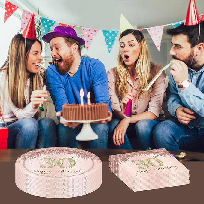 30th Rose Gold Birthday Plates and Napkins, 9 Inch Pink Rose Gold Disposable Dinner Dessert Plates Happy 30th Birthday Party Supplies Decorations for Girls Women