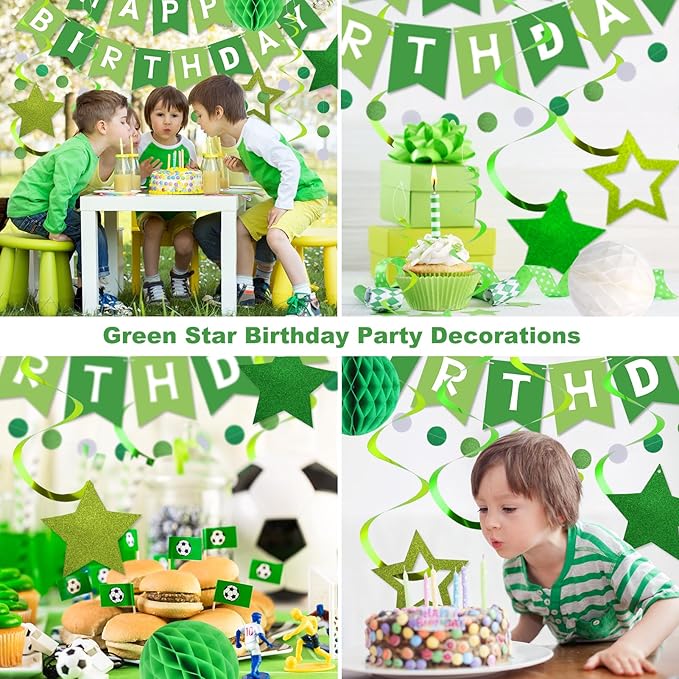 meowtastic Birthday Decorations, Happy Birthday Banner with Honeycomb Balls, Stars Hanging Swirls Streamers, Circle Dots Garland, Happy Birthday Party Decorations for Women Men Boys Girls (Green)