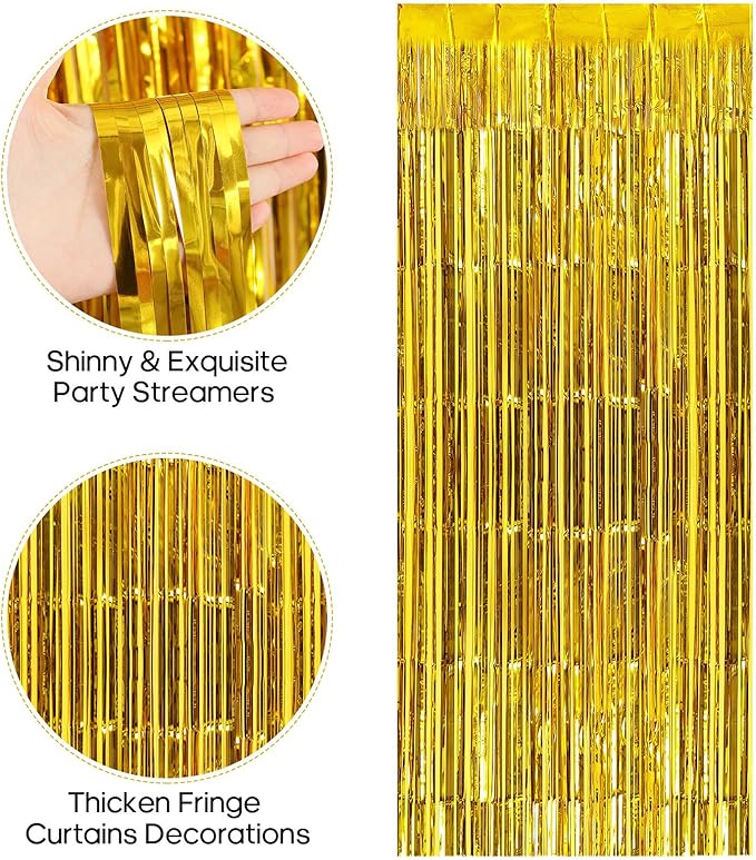 2 Pack Fringe Curtains Backdrops, Foil Fringe Curtains, Door Streamers for Birthday Wedding Bridal Shower Holiday Graduation Party Decorations, Photo Booth Backdrops, Gold