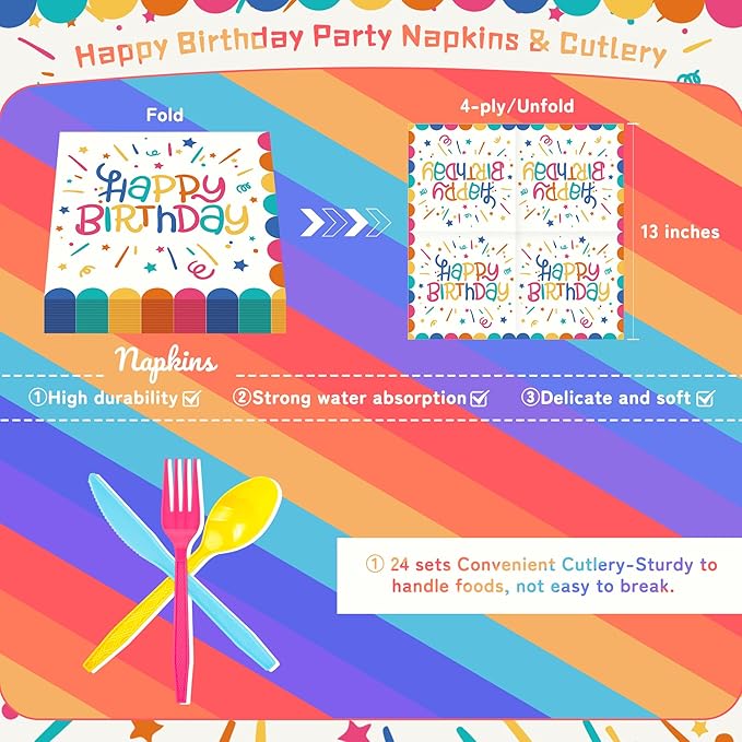 Multicolor Happy Birthday Party Plates Set, 168PCS Ribbons and Dots Stars Paper Plates Napkins Cups and Colorful Cutlery Set, 24 Set Colorful Disposablem Tableware Set for Birthday Party Decorations