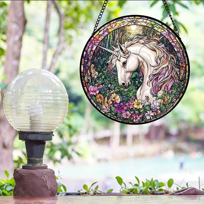 Stained Glass Window Hanging, Unicorn Flowers Suncatcher for Doors Home Sun Catchers Decoration and Christmas, Mother's Day Birthday Gifts for Women, Men, and Mom 6.3 in