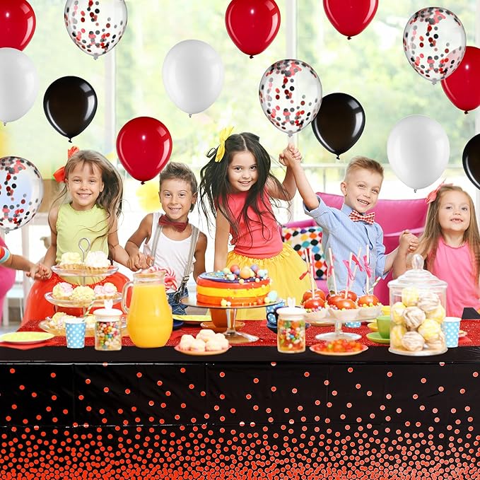 Irenare Tablecloth and Sequin Table Runner Set Polka Dots Confetti Table Cover Dining Plastic Tablecloths Glitter Decorations for Birthday Wedding Anniversary Party Supplies(Black, Red,2 Pcs)