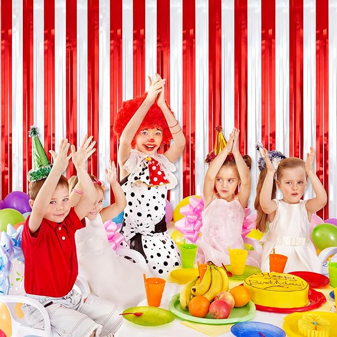 2 Pack Photo Backdrop, Clown Circus Theme Party Decorations Red & White Tinsel Curtain 3.3x6.6 Ft Foil Fringe Backdrop for Holiday Carnival Circus, Birthday, Wedding, Graduation