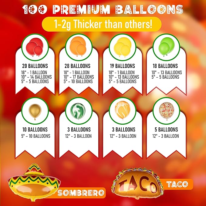 ALL-IN-1 Mexican Balloons Arch Kit & Garland with BONUS Taco Small and Large Red Yellow Orange Green Fiesta Balloons Mexican Party decorations & supplies for birthday, Cinco De Mayo