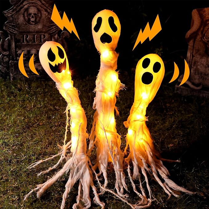 Halloween Decorations Outdoor: 3 Pack Lighted Up Ghost Yard Stakes, Spooky Ghosts Pathway Markers Lights Yard Decor, Battery Operated Trick or Treat Halloween Decor for Home Patio Lawn