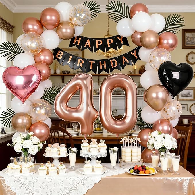 40th Birthday Decorations for Women - Rose Gold, Black and Hot Pink Party Supplies Set with Happy 40th Banner, Number 40 Balloons and Foil Fringe Curtains - 40 Year Old Celebration Kit