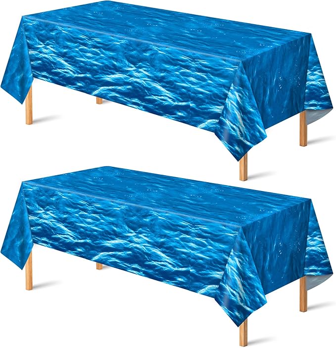 OHOME 2 Pack Beach Party Decorations - Ocean Waves Plastic Tablecloth for Pool Party Decorations - Sea Water Print Table Cover for Summer Birthday Beach Theme Blue Backdrop Banner