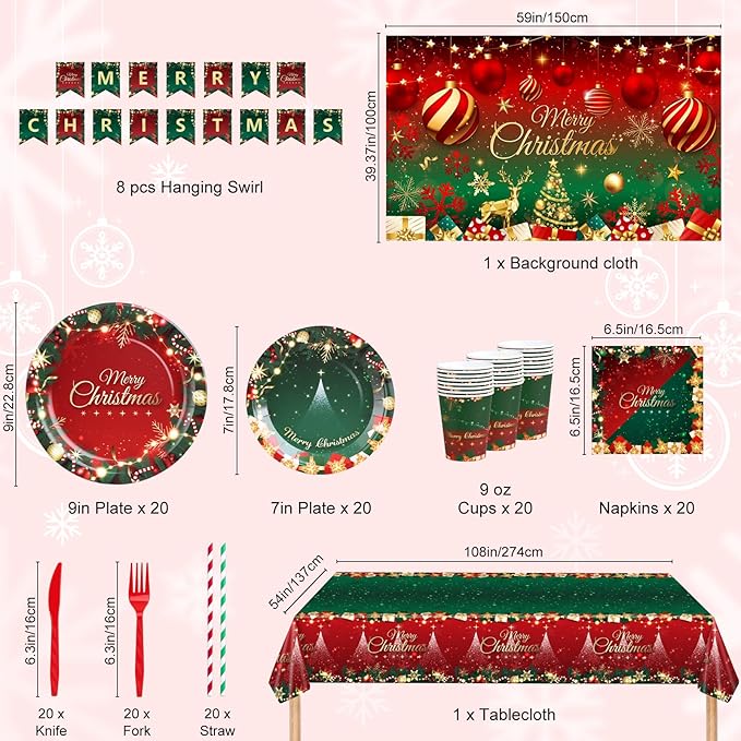 Christmas Party Decorations, Merry Christmas Party Supplies with Xmas Tree and Balls Theme, Disposable Tableware with Paper Plates, Napkins, Cups, Tableclot, Banner, Background Cloth (Serves 20)