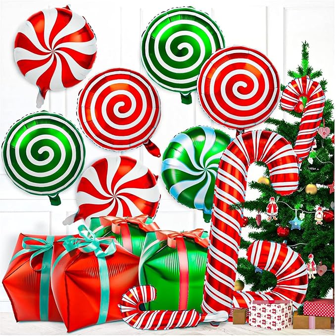 64Pcs Christmas Balloons Kit, Candy Cane Foil Balloons with Ribbons, Red Green Mylar Balloon for Party Decorations