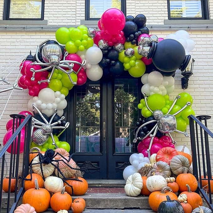 Halloween Balloon Arch Garland Kit, Neon Pink Green and Black White Party Balloons with Disco DIY Spider & 3D Spider Decor for Halloween Birthday Baby Shower Party Decorations